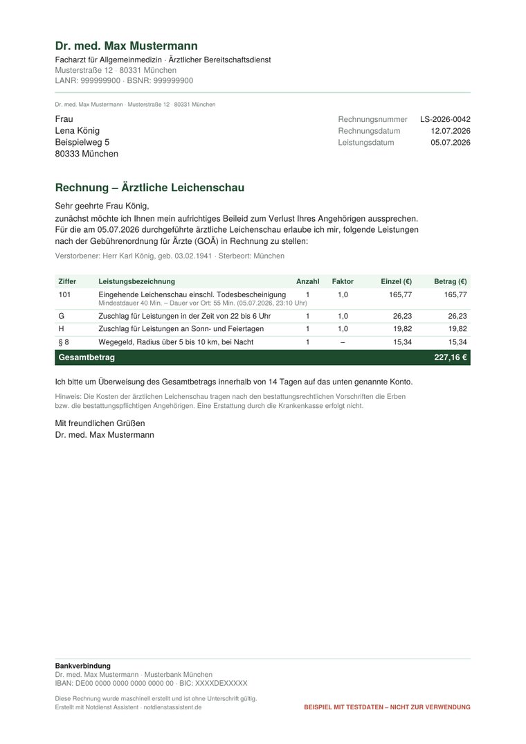 Fertige PDF-Rechnung aus der App mit GOÄ-Positionen, Zuschlägen und Wegegeld