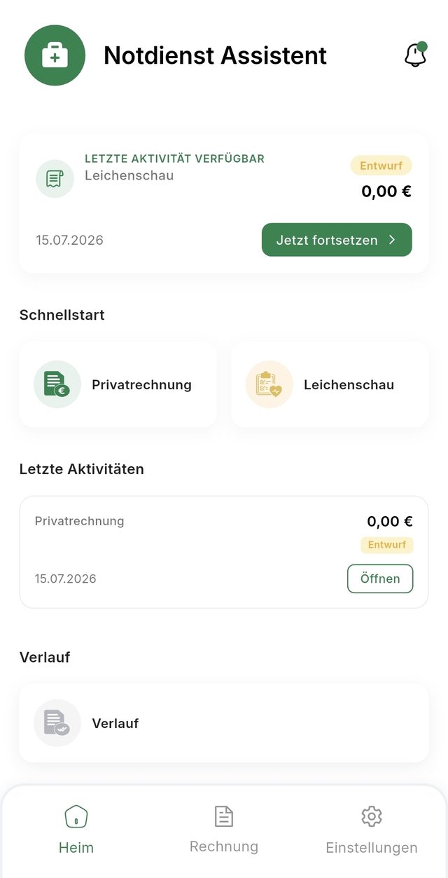 Startbildschirm der App: Schnellstart mit Privatrechnung oder Leichenschau