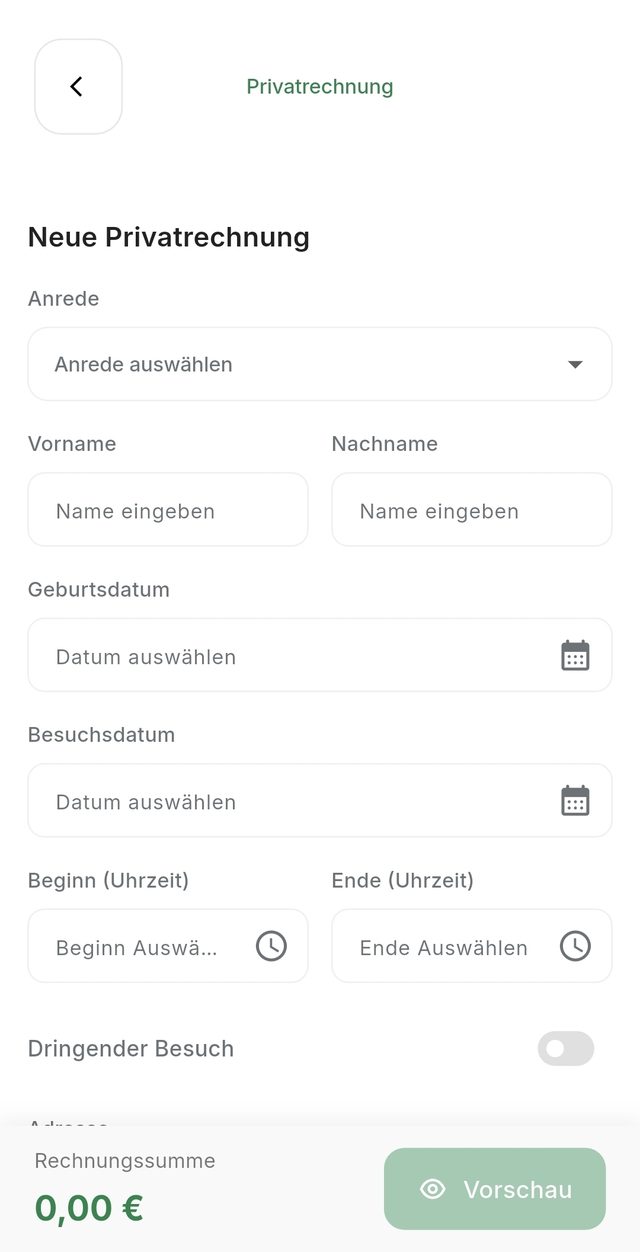 Fallerfassung in der App mit automatisch berechneter Rechnungssumme